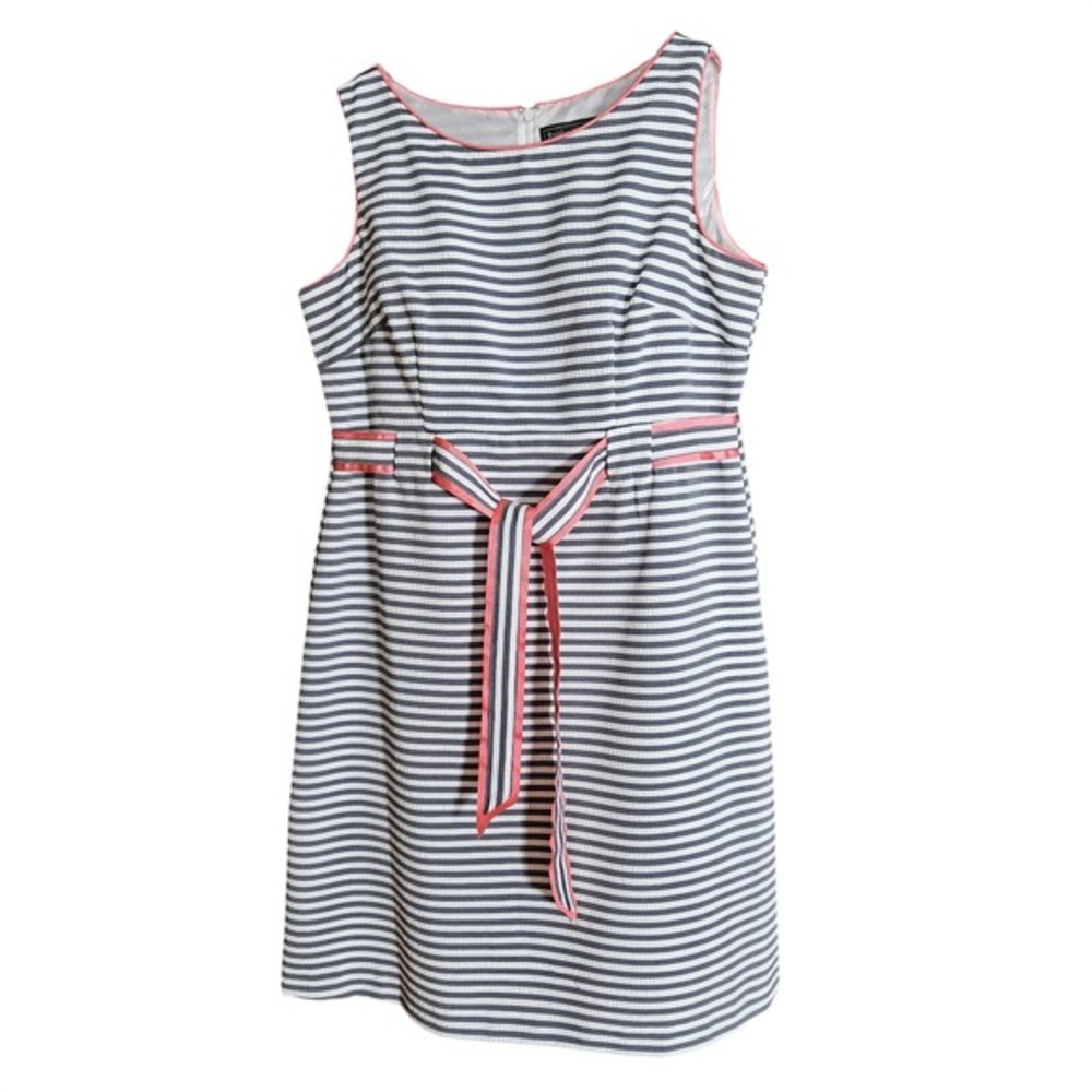 Jessica Howard Women Grey White Stripe W Pink Belt Striped Lined Dress 12P